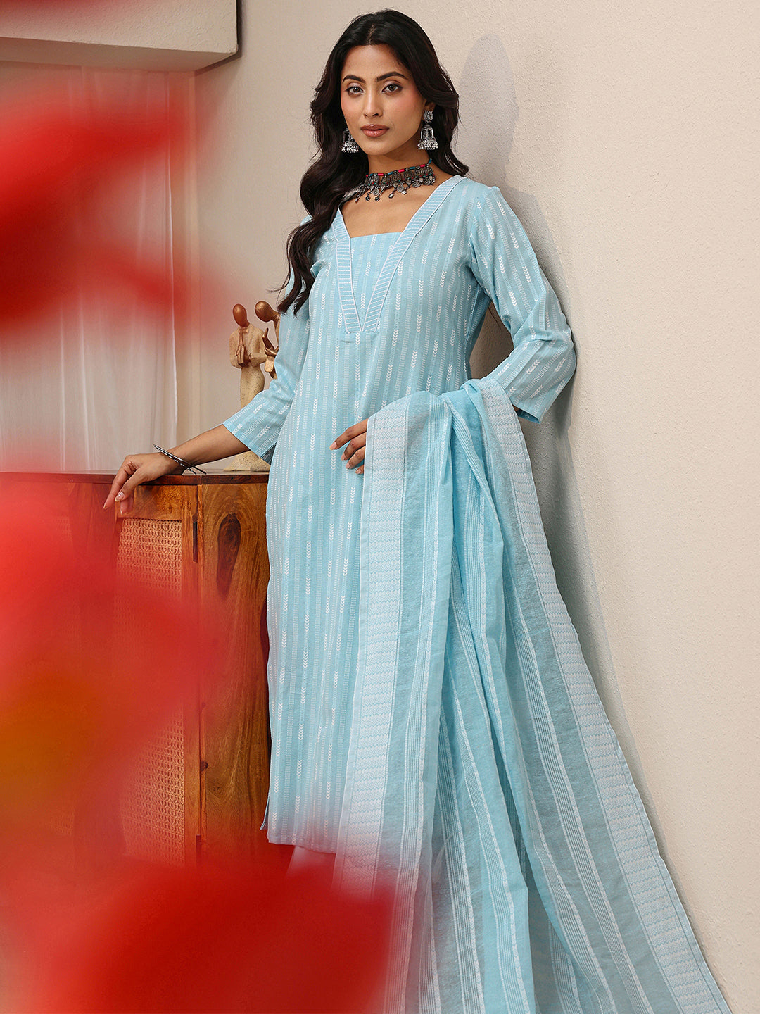  Gerua Blue Striped Woven Design Straight Suit Set 