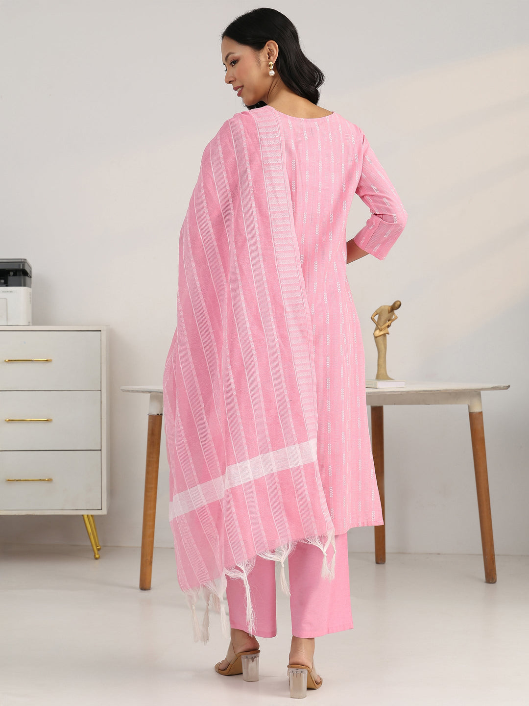  Pink Striped Woven Design Cotton Blend Straight Suit Set With Dupatta 