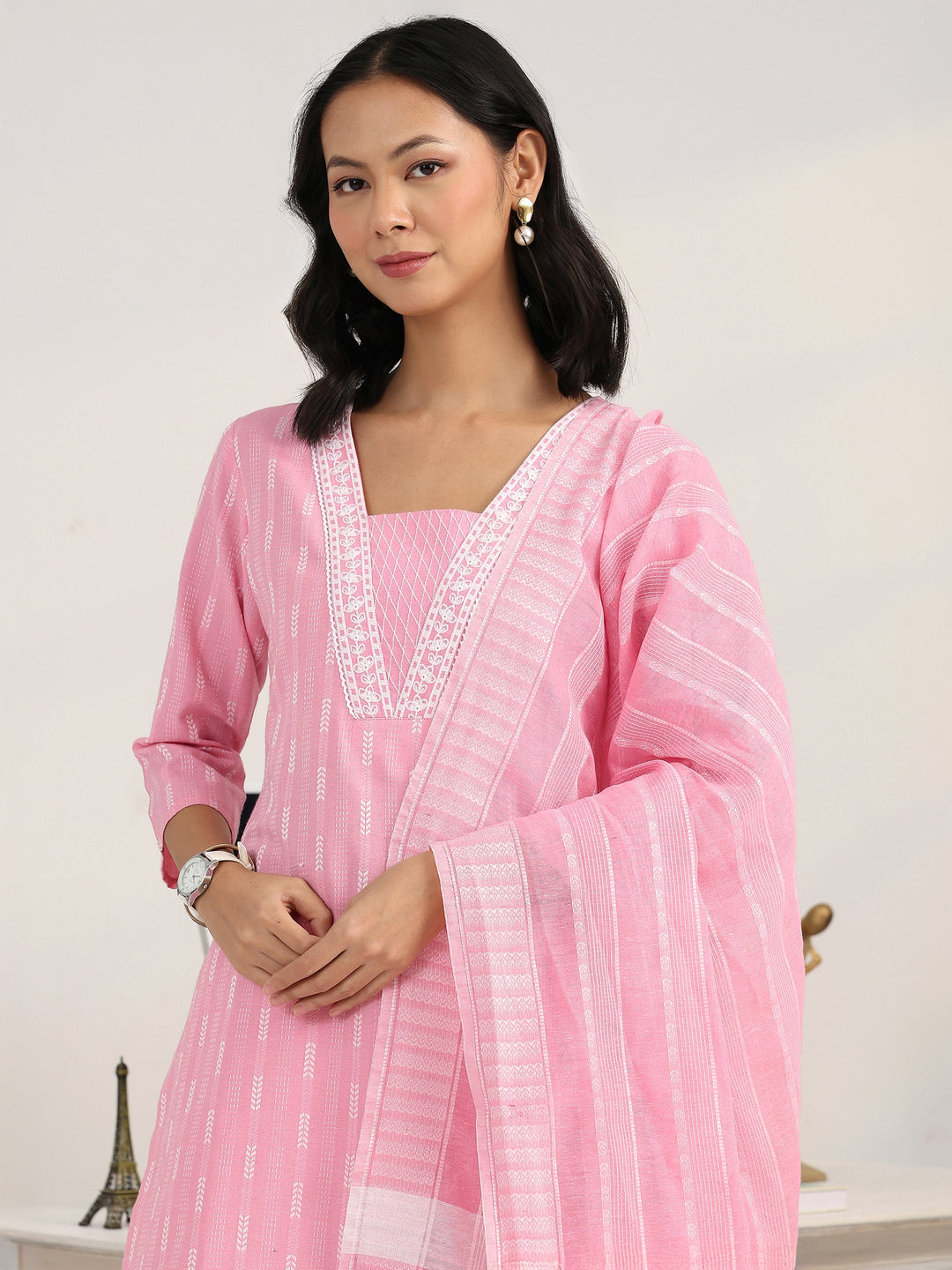  Pink Striped Woven Design Cotton Blend Straight Suit Set With Dupatta 