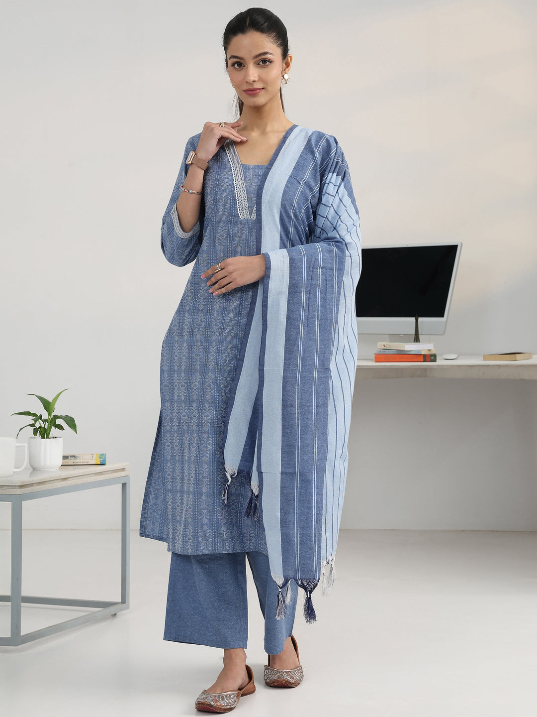  Blue Ethnic Motif Woven Design Cotton Blend Straight Suit Set With Dupatta 