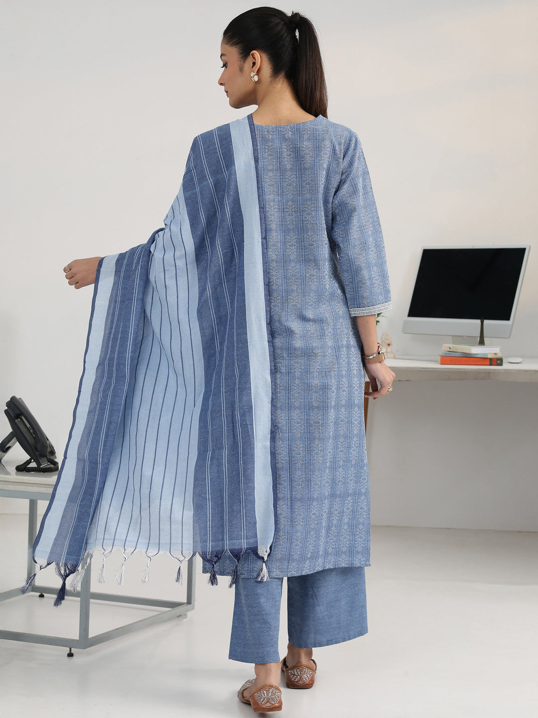  Blue Ethnic Motif Woven Design Cotton Blend Straight Suit Set With Dupatta 