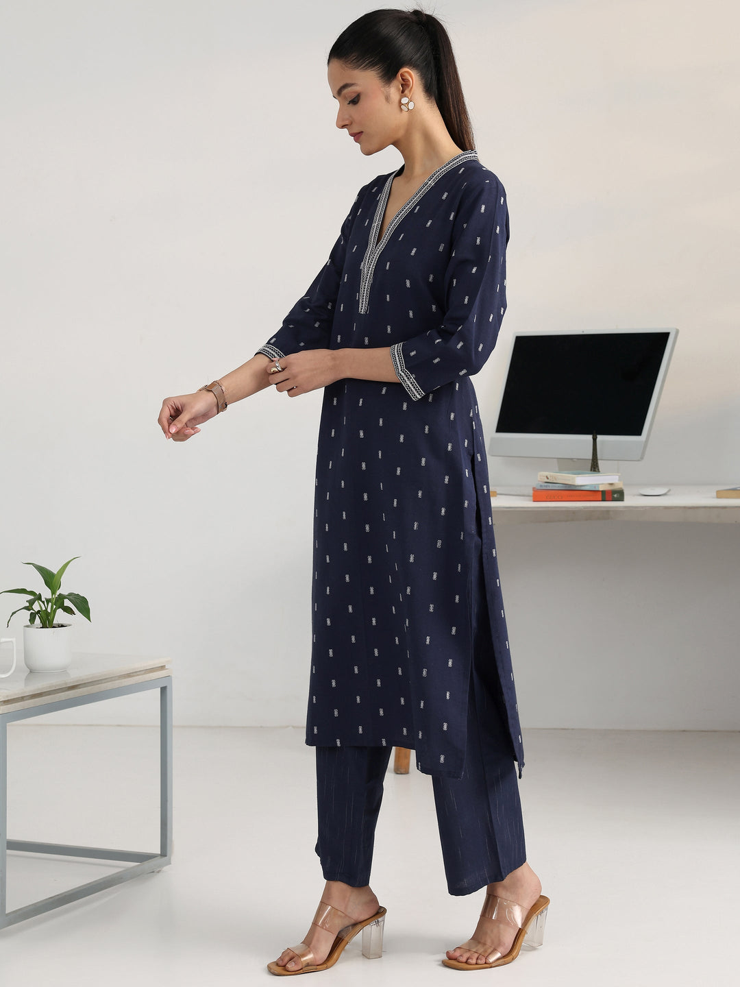  Navy Blue Woven Design Cotton Blend Straight Suit Set With Dupatta 