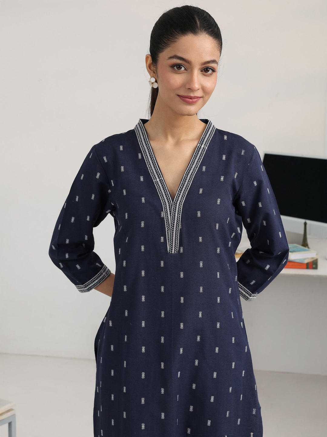 Navy Blue Woven Design Cotton Blend Straight Suit Set With Dupatta 