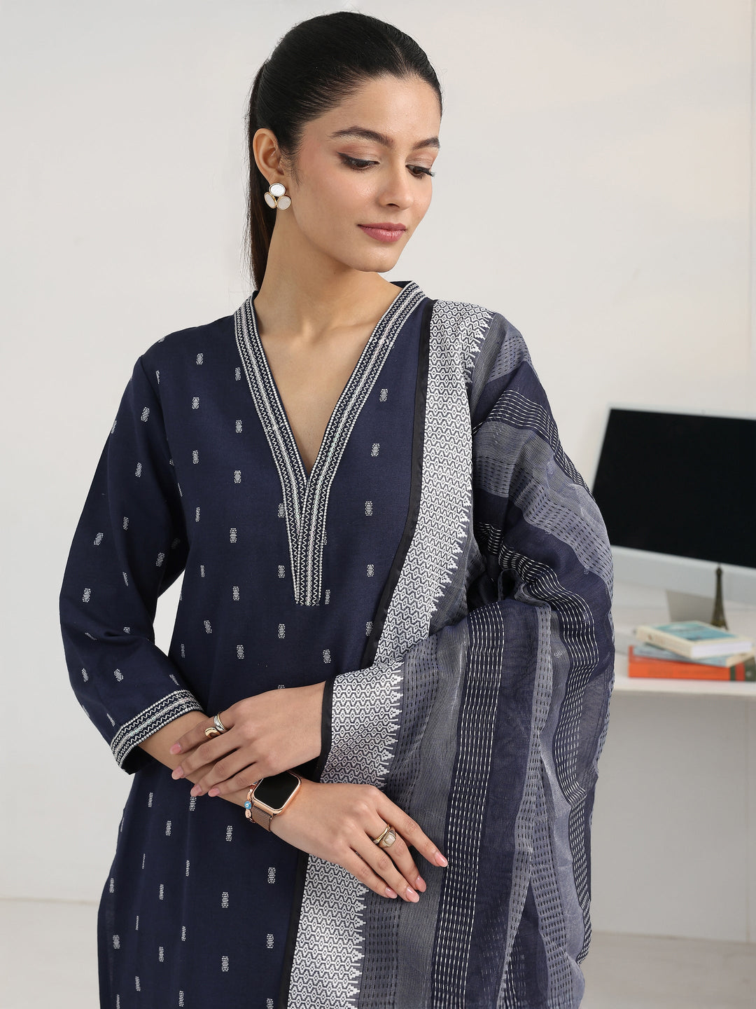  Navy Blue Woven Design Cotton Blend Straight Suit Set With Dupatta 
