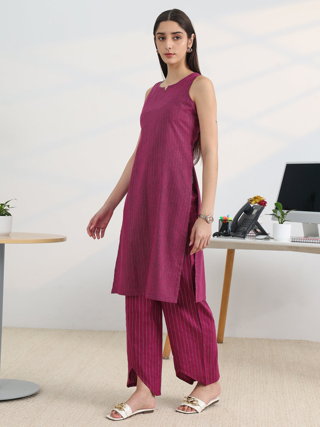  Burgundy Woven Design Cotton Blend Straight Kurta Set 