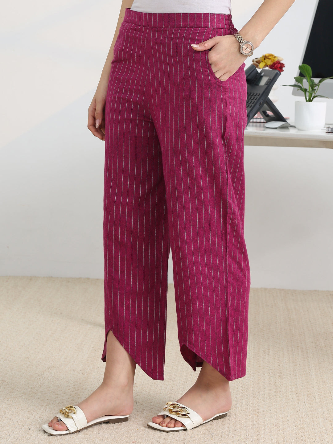  Burgundy Woven Design Cotton Blend Straight Kurta Set 