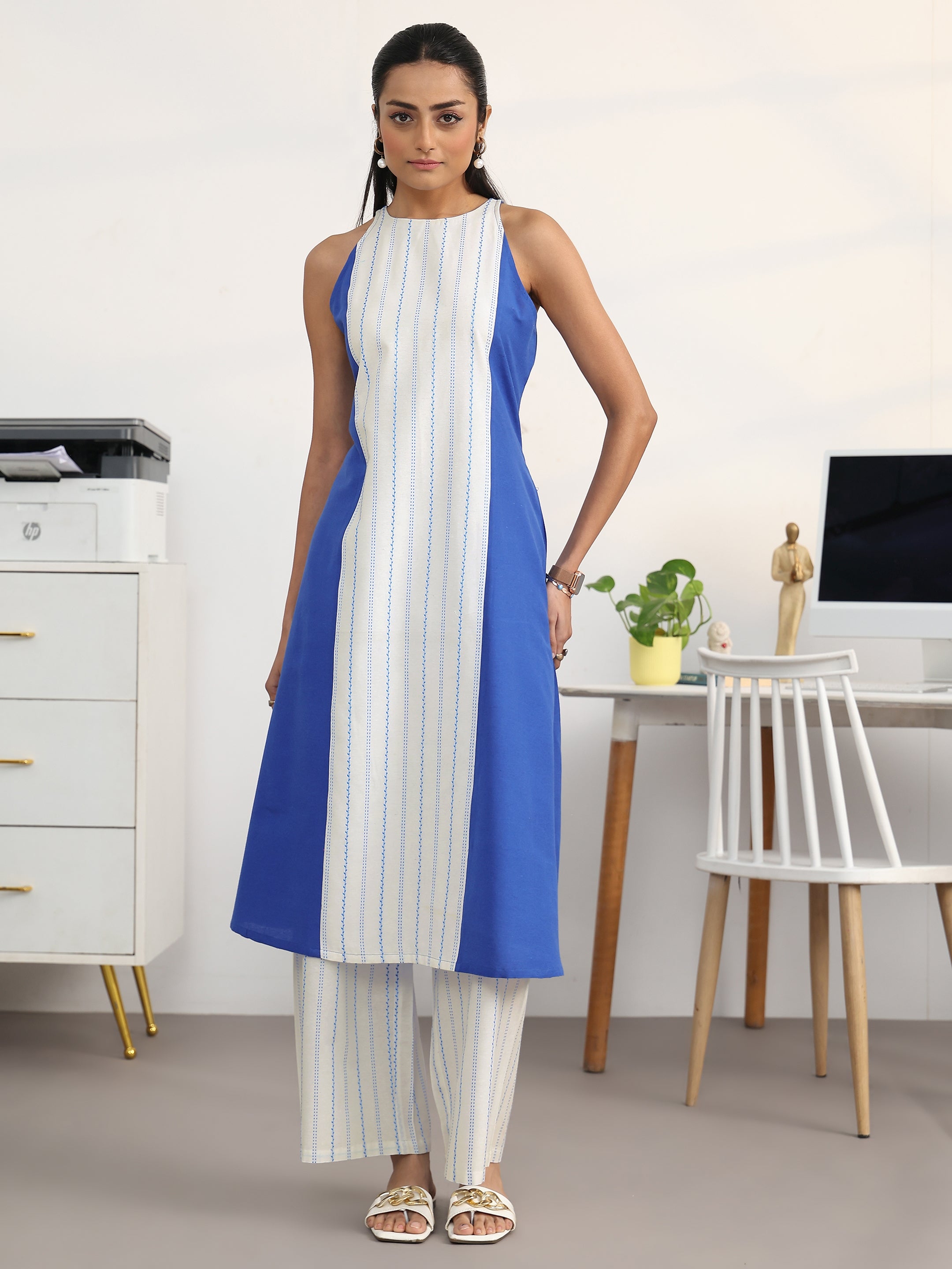 White Striped Woven Design Cotton Blend A-Line Kurta Set-image-38
