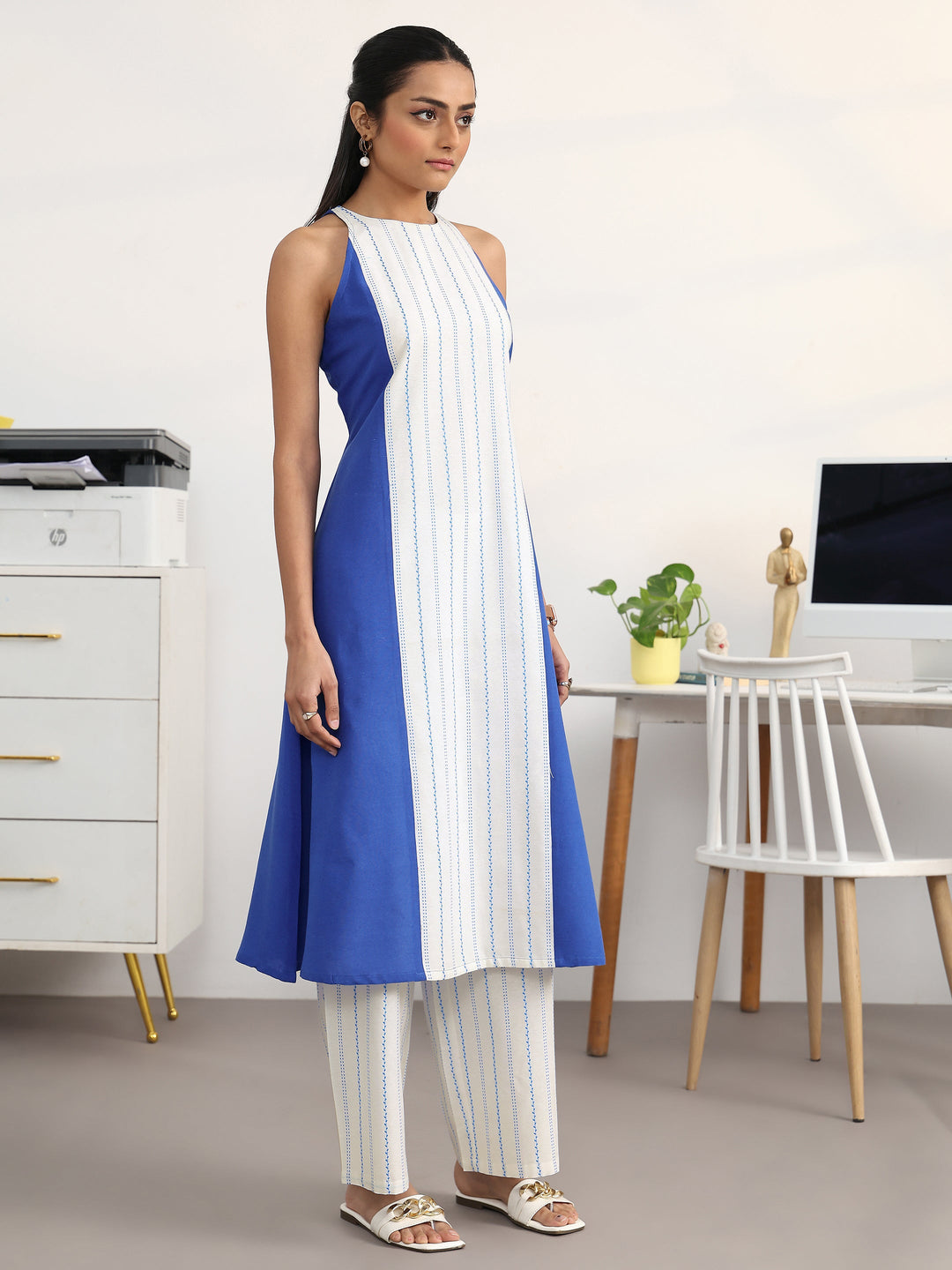  White Striped Woven Design Cotton Blend A-Line Kurta Set 