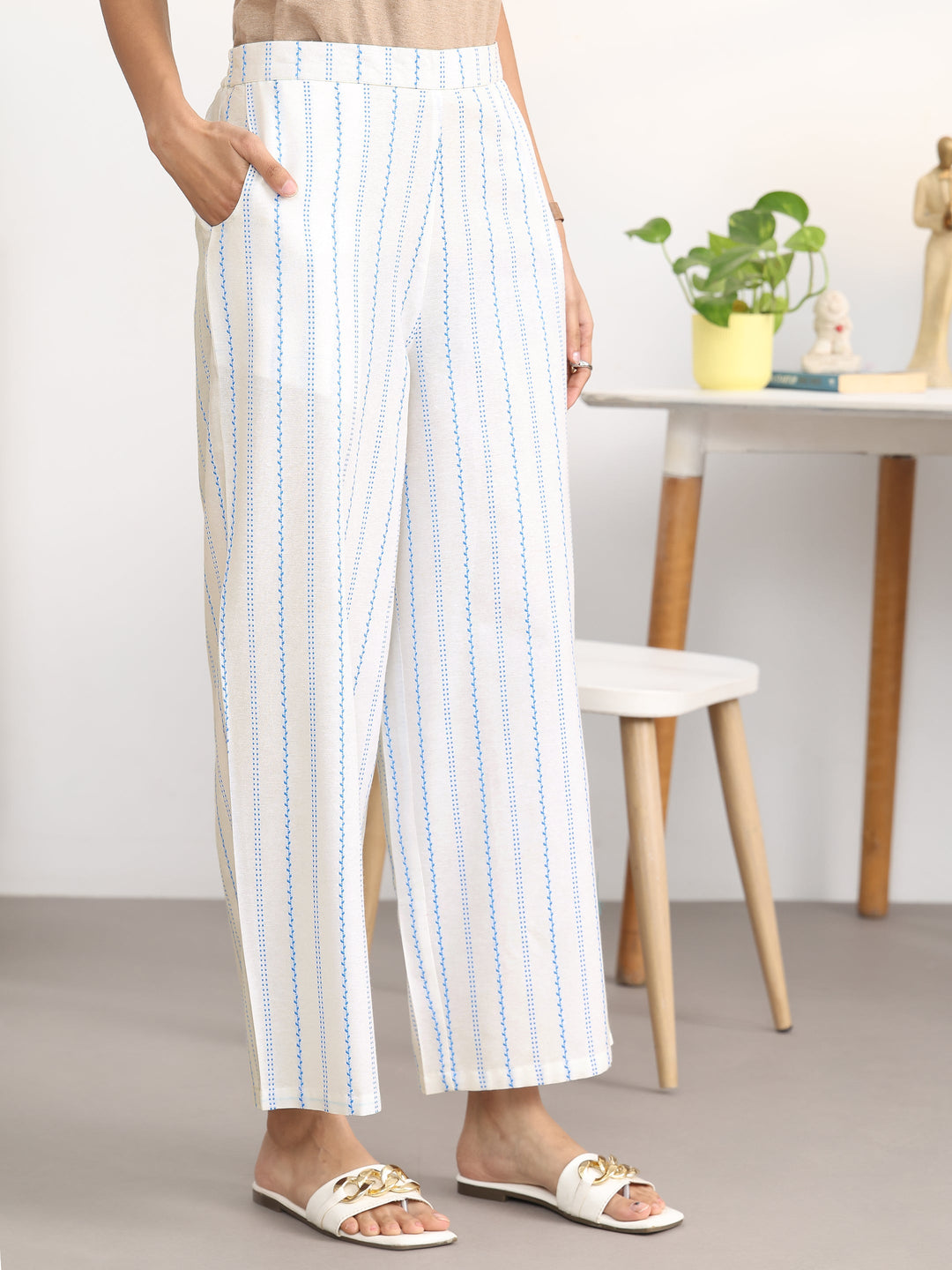  White Striped Woven Design Cotton Blend A-Line Kurta Set 