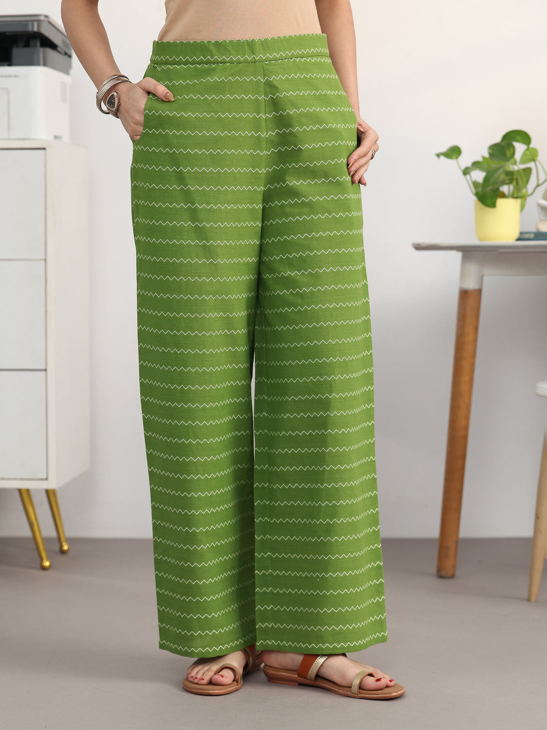  Green Floral Woven Design Cotton Blend A-Line Kurta Set 