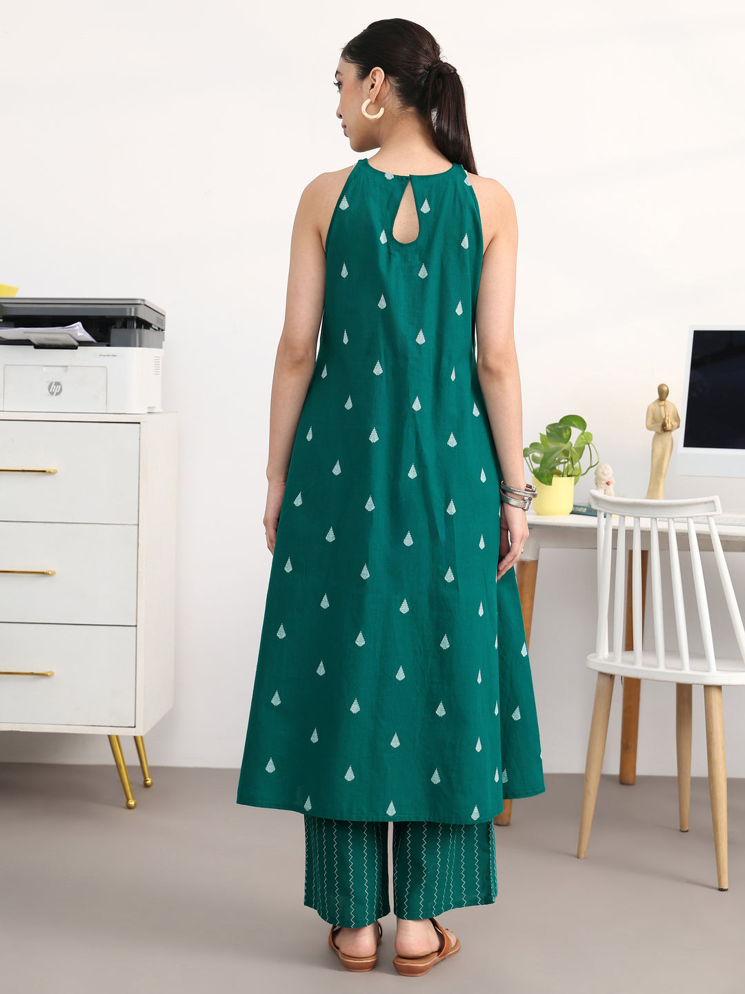  Teal Striped Woven Design Cotton Blend A-Line Kurta Set 