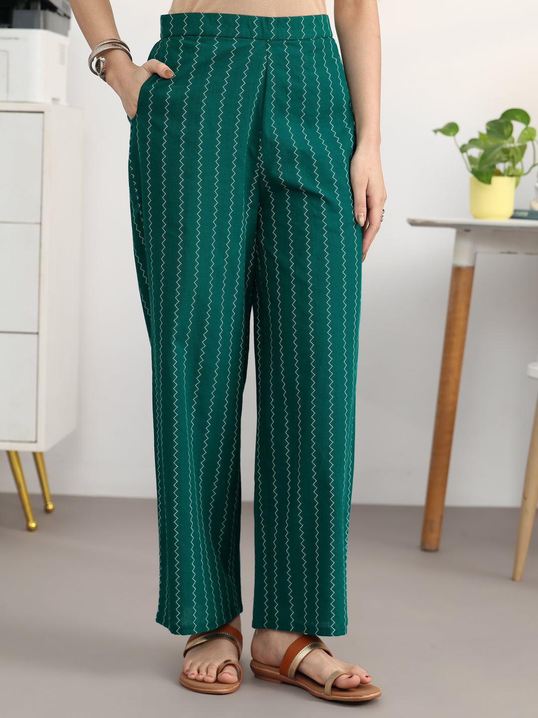  Teal Striped Woven Design Cotton Blend A-Line Kurta Set 