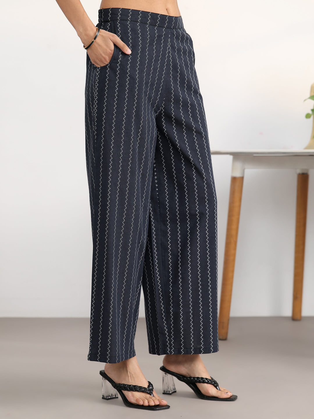  Black Striped Woven Design Cotton Blend A-Line Kurta Set 