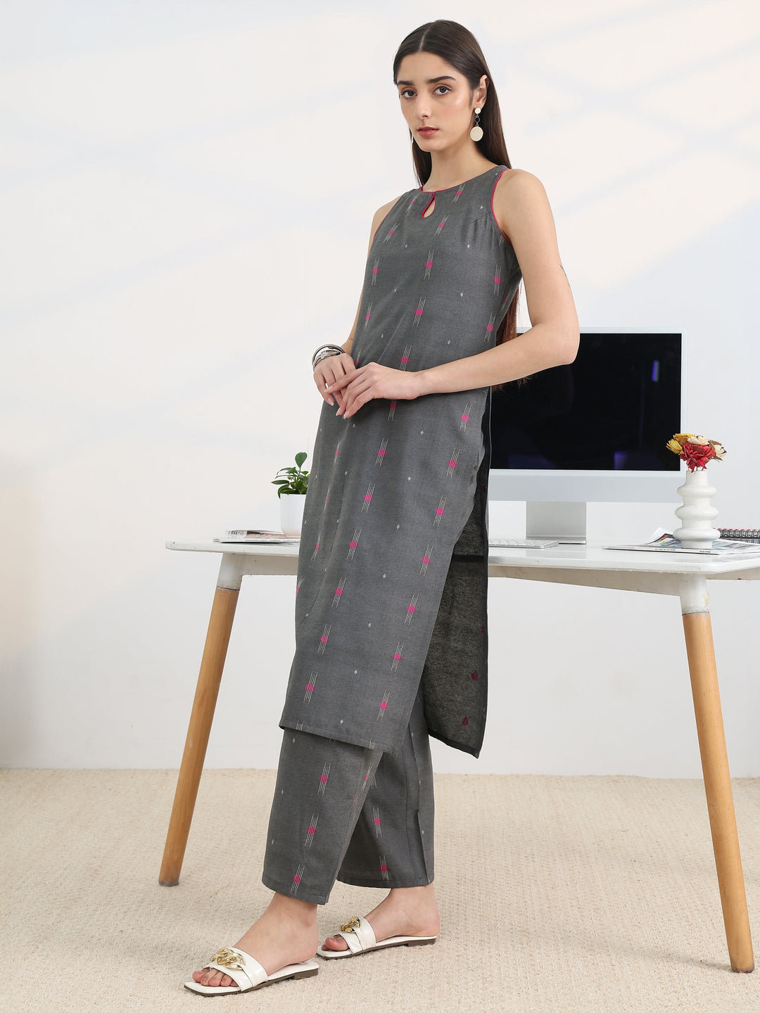 Grey Woven Design Cotton Blend Straight Kurta Set 