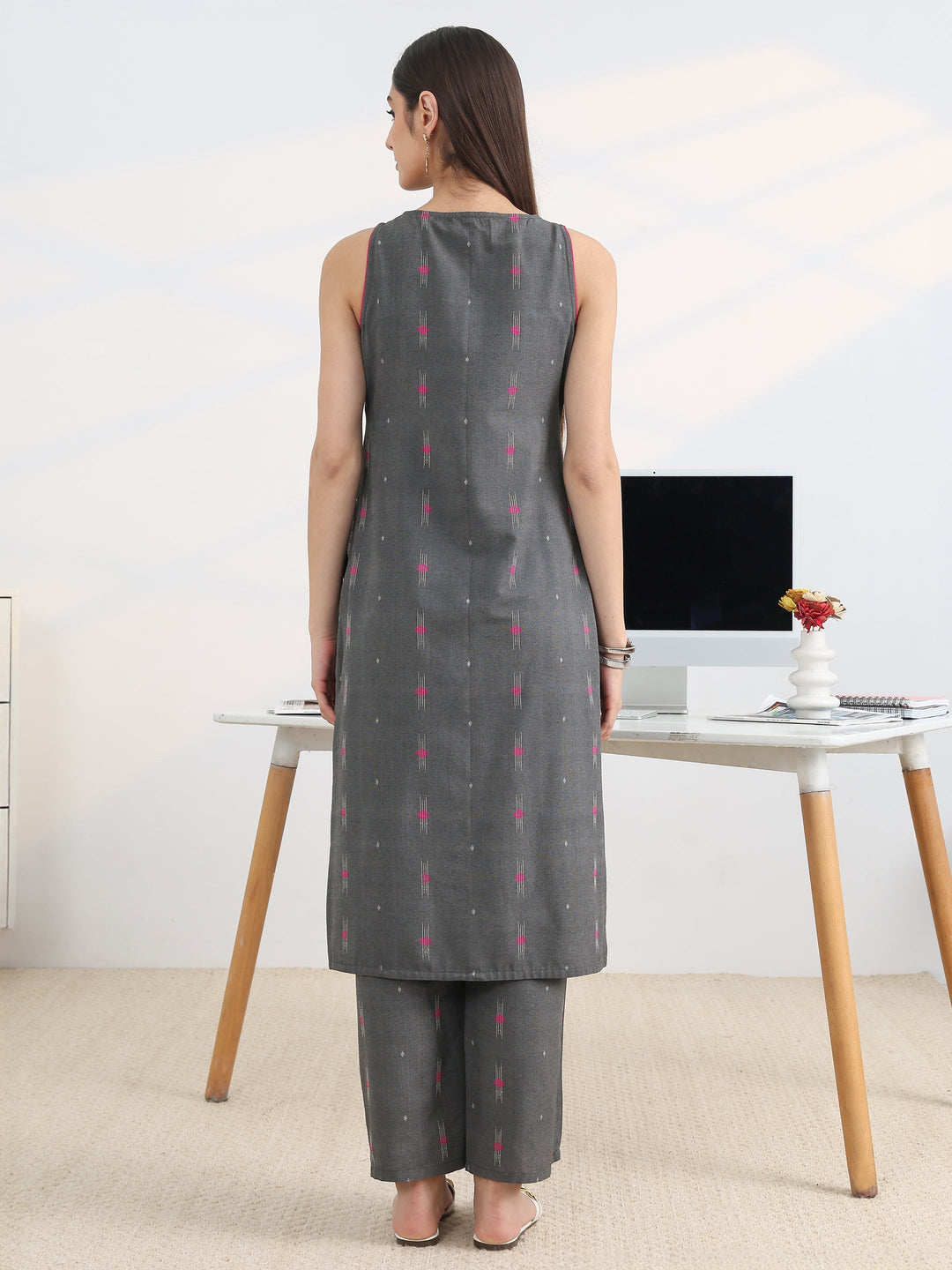  Grey Woven Design Cotton Blend Straight Kurta Set 
