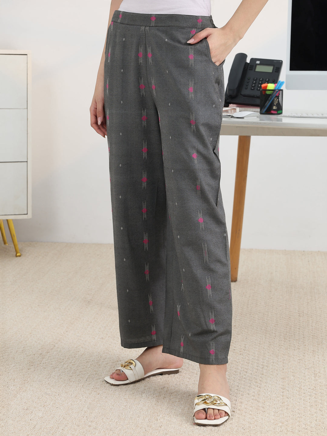  Grey Woven Design Cotton Blend Straight Kurta Set 