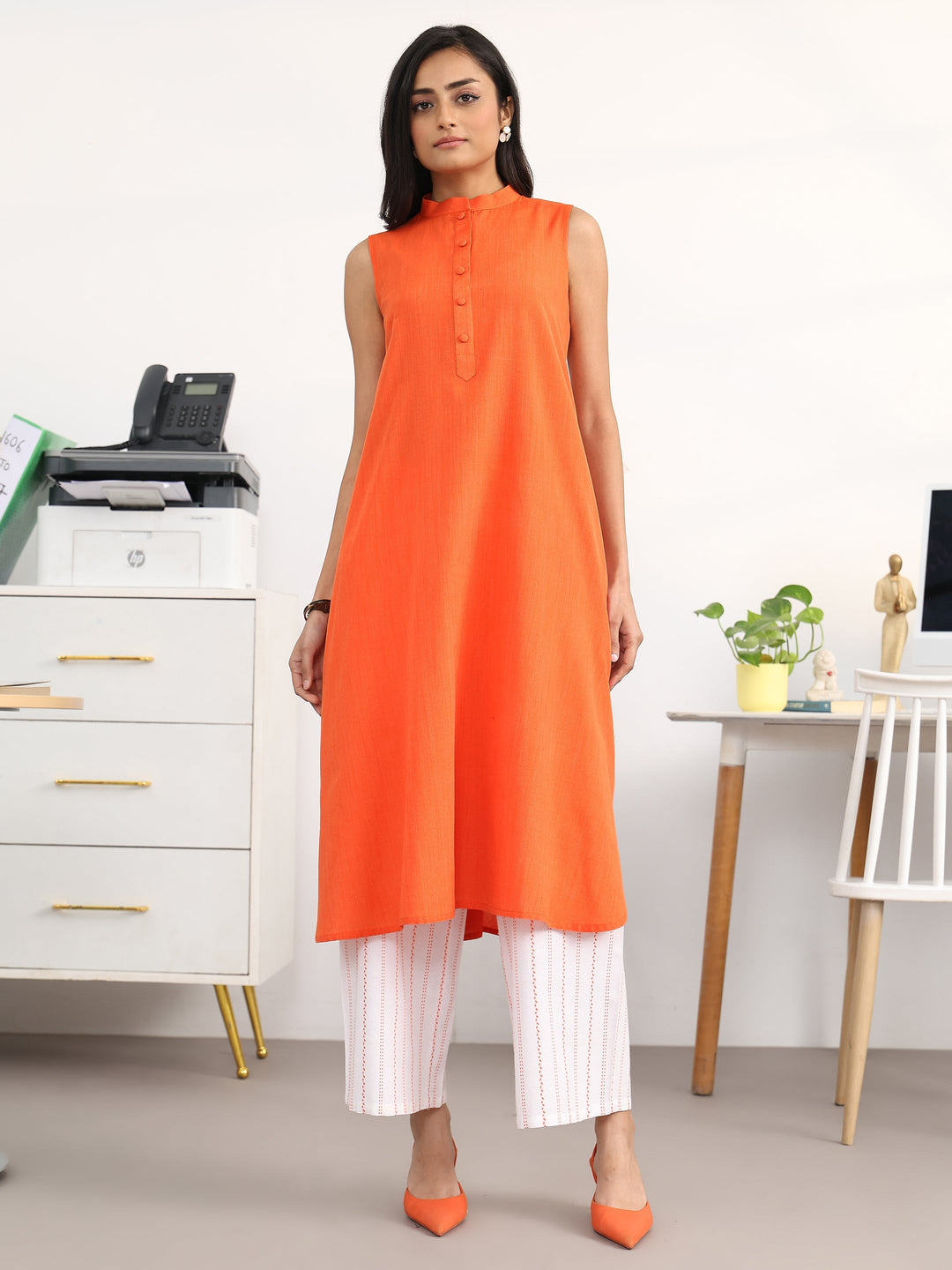  Orange Solid Cotton Blend A-Line Kurta Set 