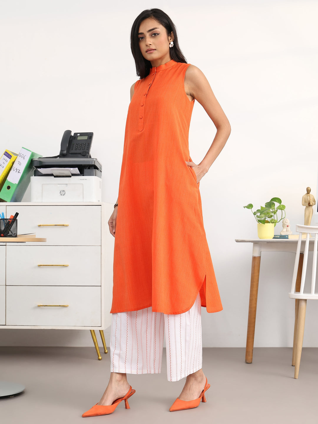  Orange Solid Cotton Blend A-Line Kurta Set 