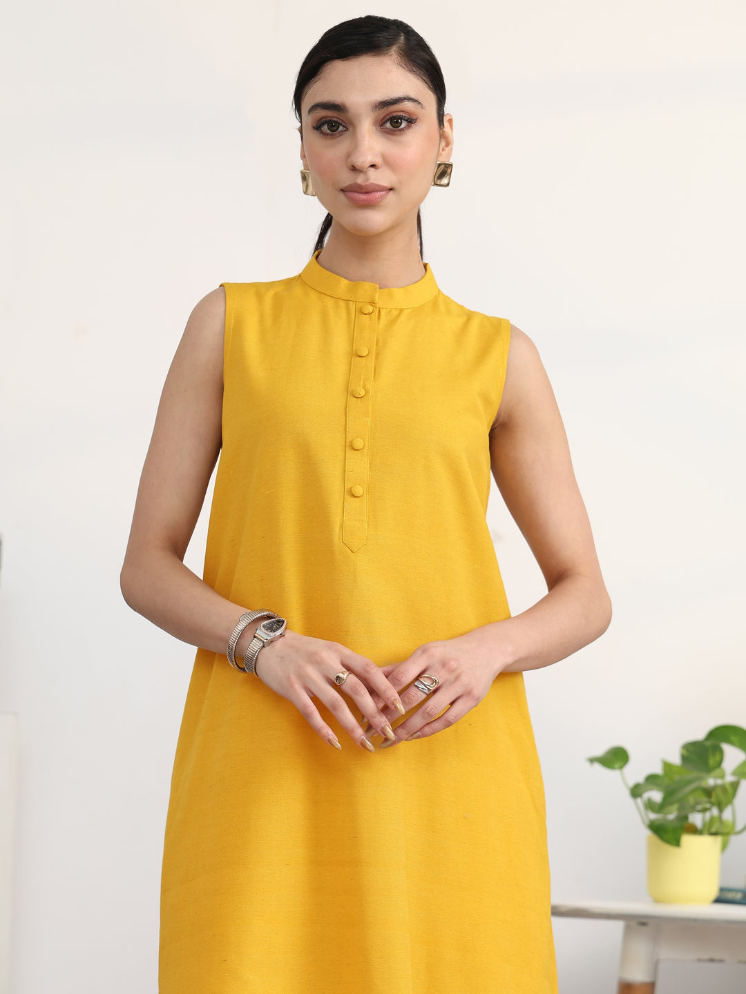 Mustard Solid Cotton Blend A-Line Kurta Set 