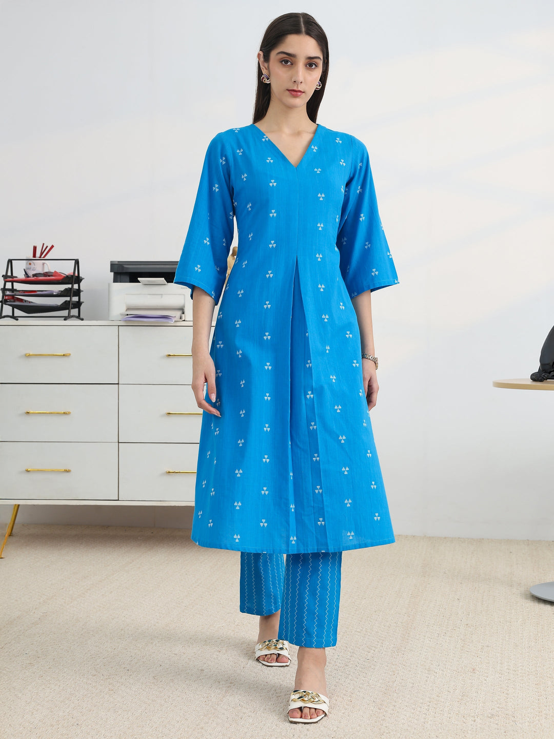  Blue Woven Design Cotton Blend A-Line Kurta Set 