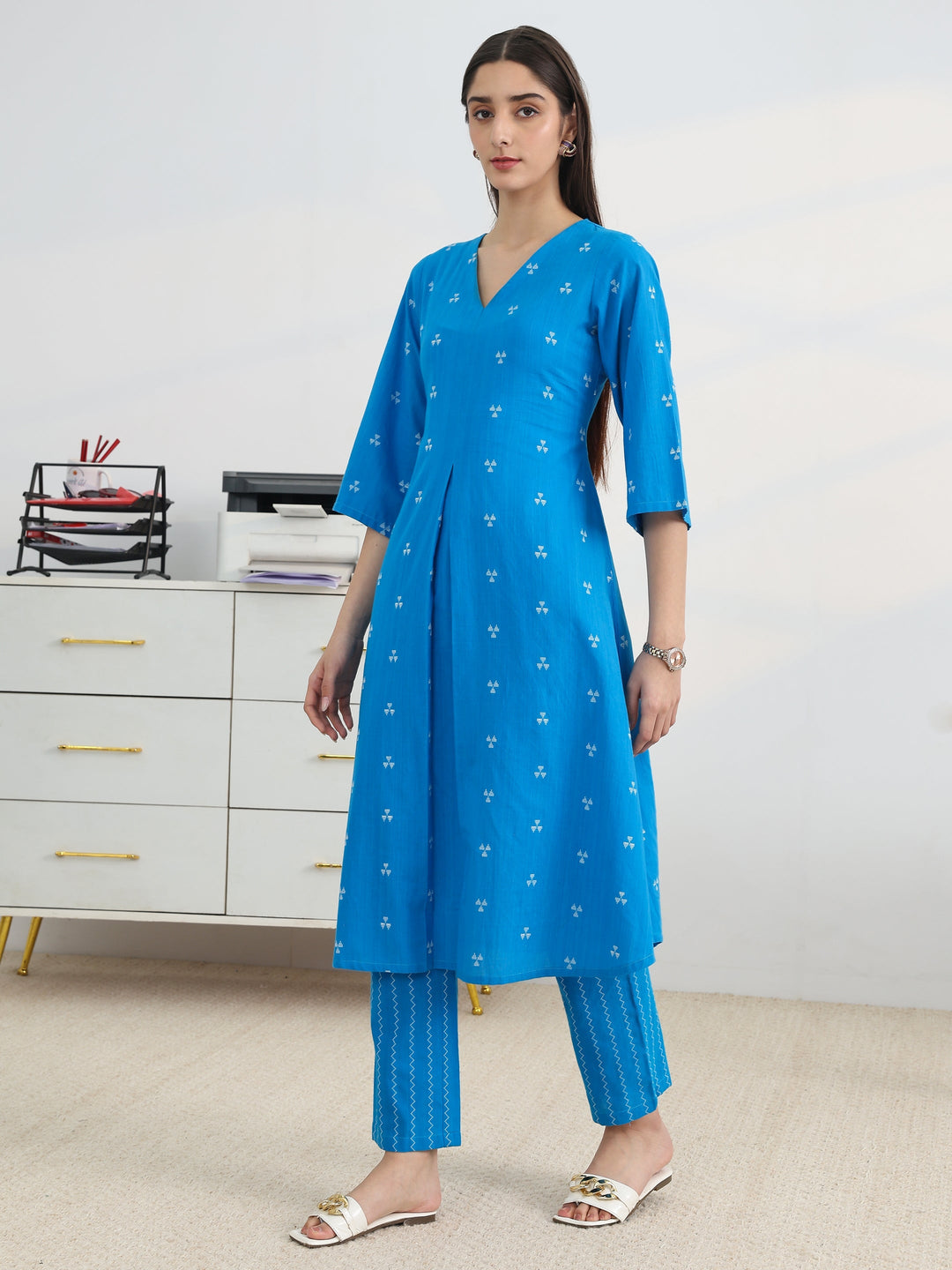  Blue Woven Design Cotton Blend A-Line Kurta Set 