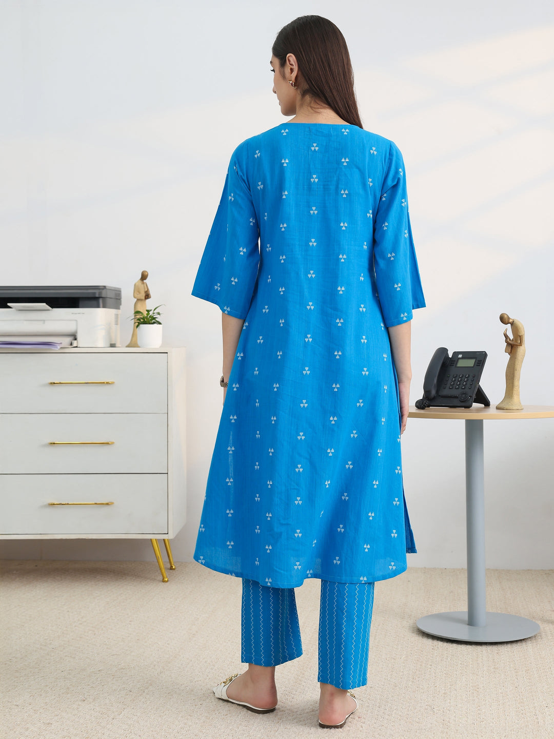  Blue Woven Design Cotton Blend A-Line Kurta Set 