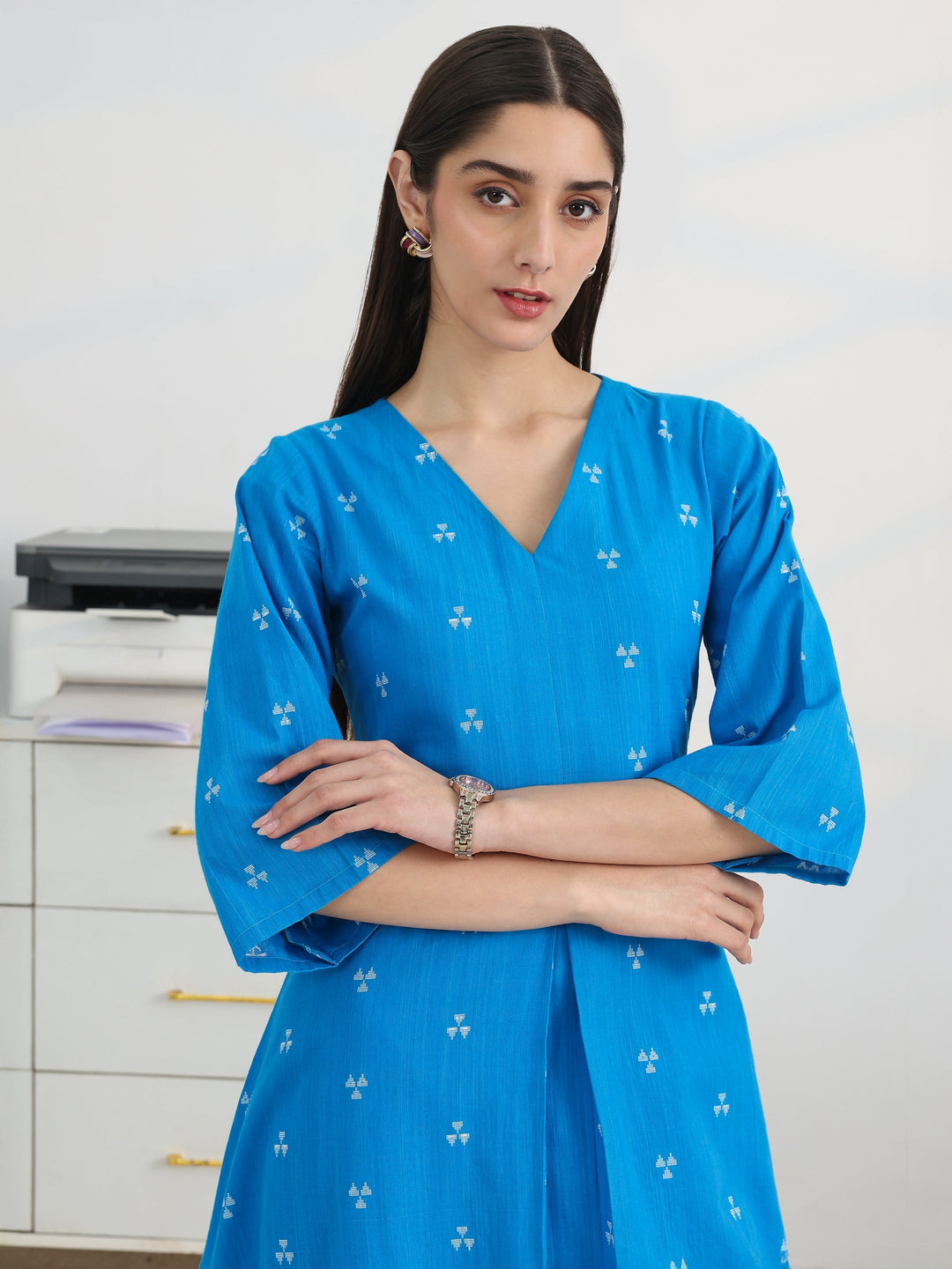  Blue Woven Design Cotton Blend A-Line Kurta Set 