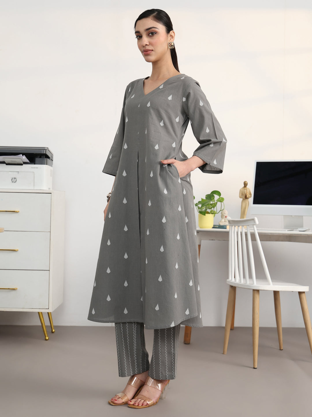 Grey Floral Woven Design Cotton Blend A-Line Kurta Set 