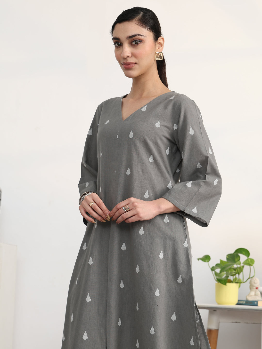  Grey Floral Woven Design Cotton Blend A-Line Kurta Set 