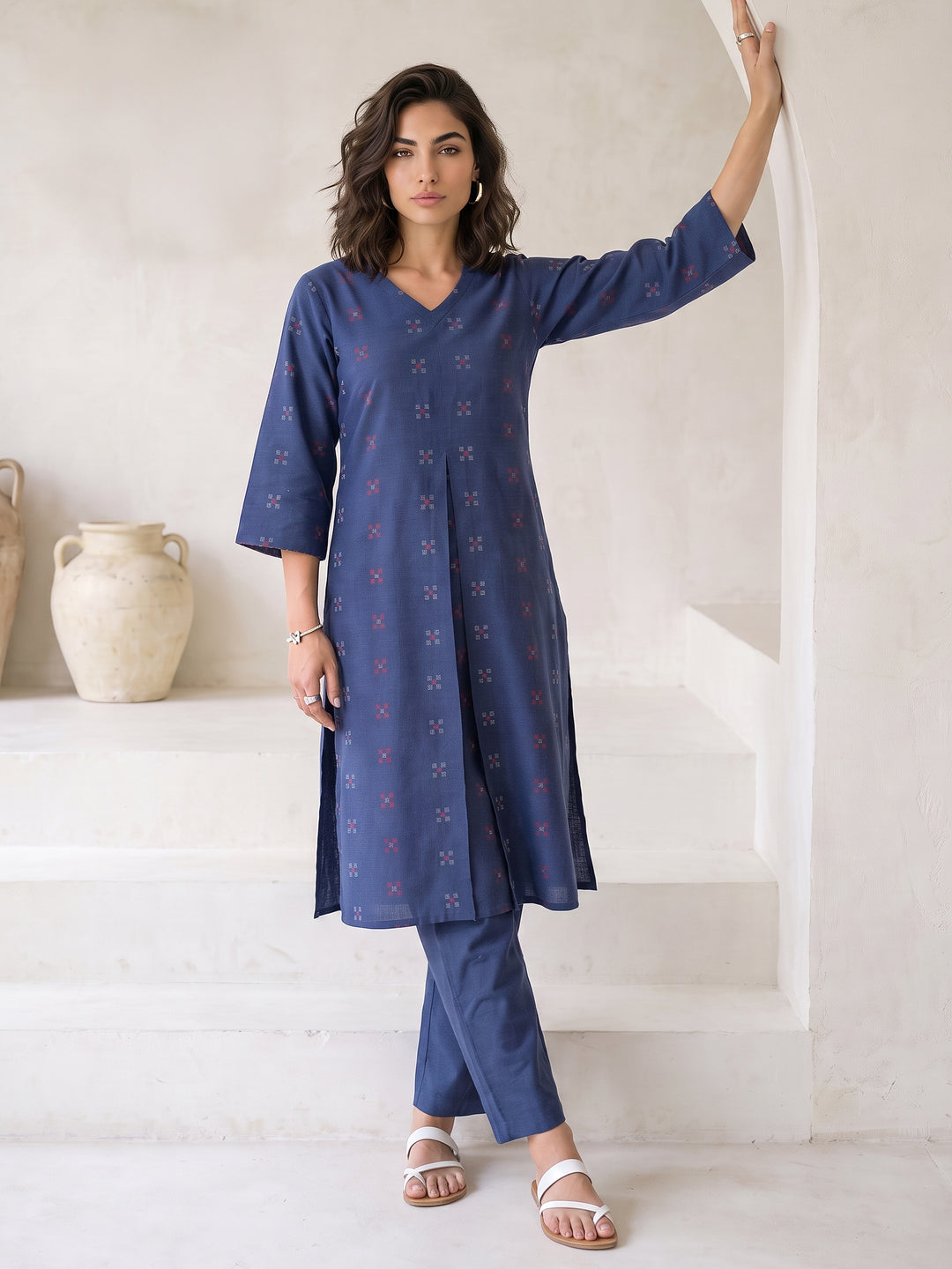  Gerua Blue Woven Design A-Line Kurta Set 