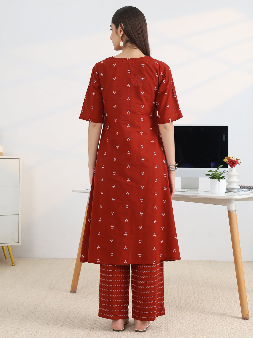  Red Woven Design Cotton Blend A-Line Kurta Set 