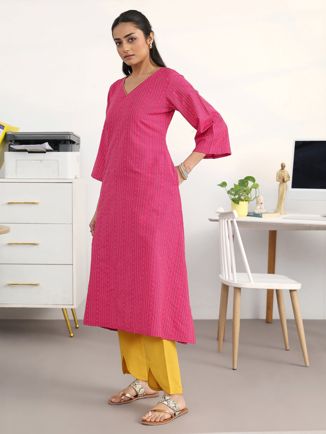  Pink Woven Design Cotton Blend A-Line Kurta Set 