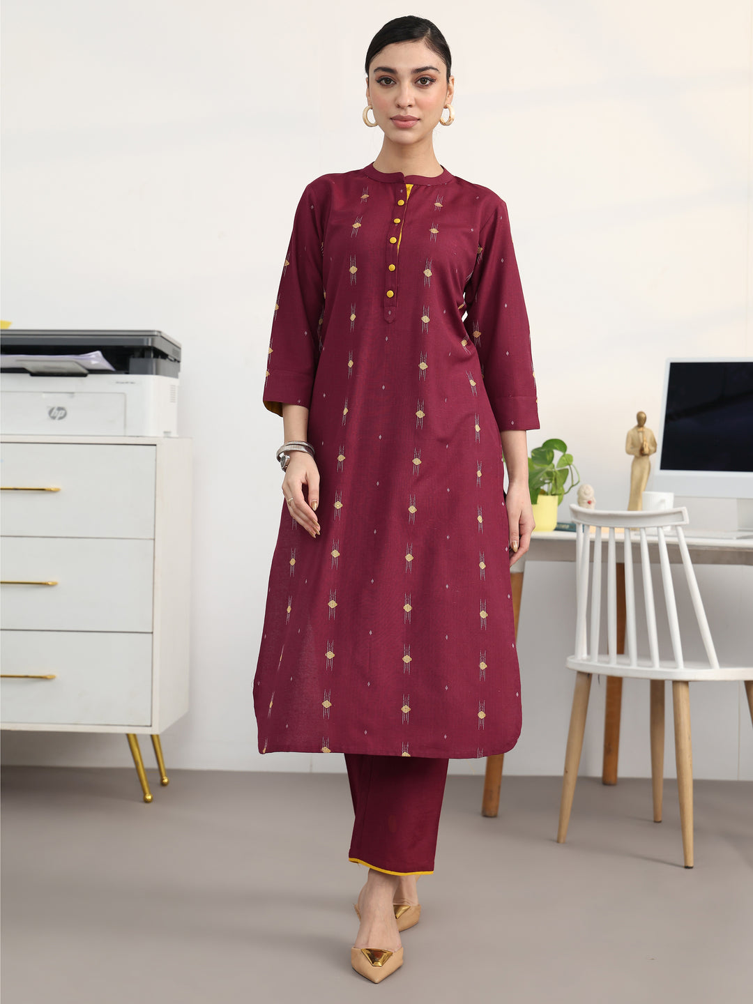  Maroon Ethnic Motifs Woven Design Cotton Blend Straight Kurta Set 