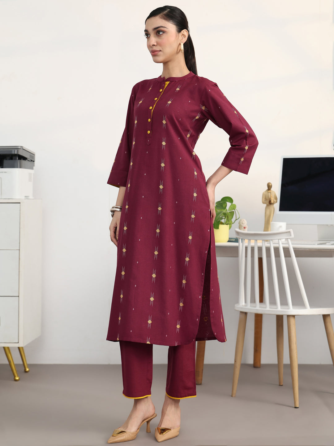  Maroon Ethnic Motifs Woven Design Cotton Blend Straight Kurta Set 