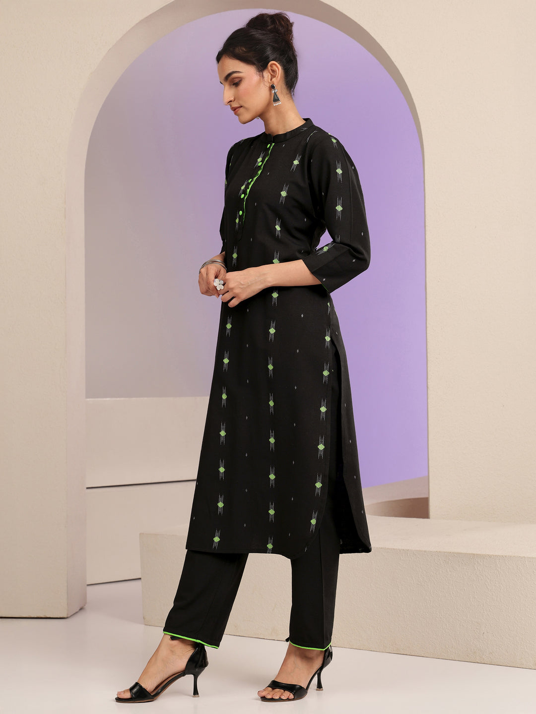  Black Woven Design Cotton Blend Straight Kurta Set 