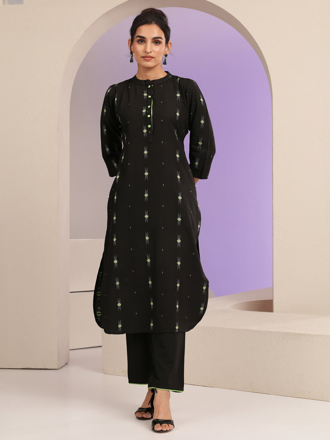 Black Woven Design Cotton Blend Straight Kurta Set