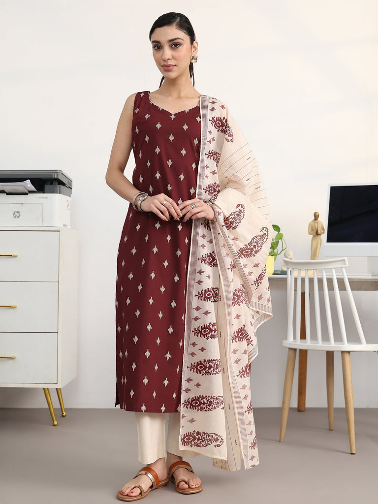 Gerua Maroon Ethnic Motifs Printed Cotton Blend Straight Suit Set With Dupatta