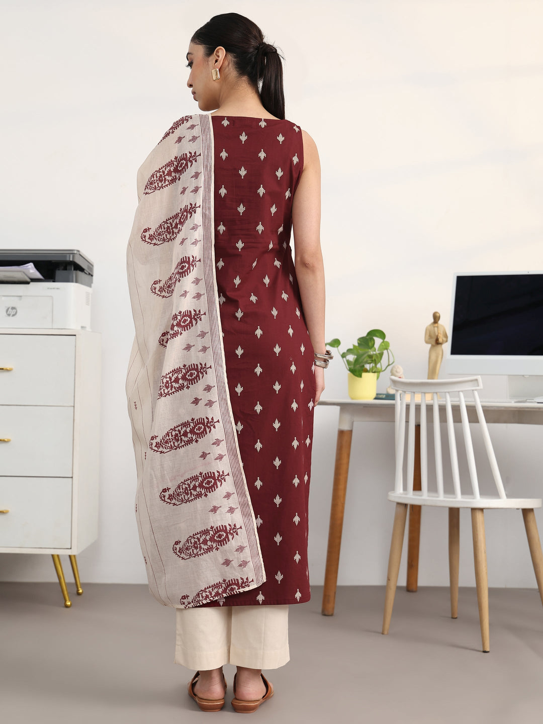  Maroon Ethnic Motifs Printed Cotton Blend Straight Suit Set With Dupatta 