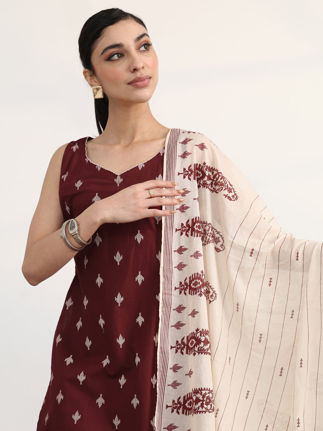  Maroon Ethnic Motifs Printed Cotton Blend Straight Suit Set With Dupatta 