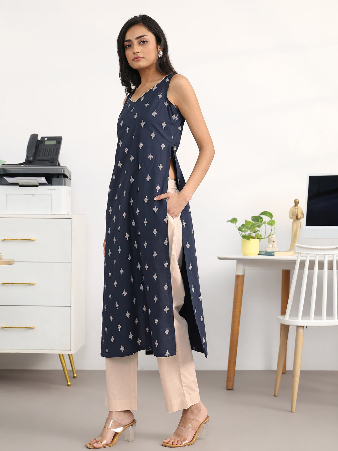  Navy Blue Ethnic Motifs Printed Cotton Blend Straight Suit Set With Dupatta 