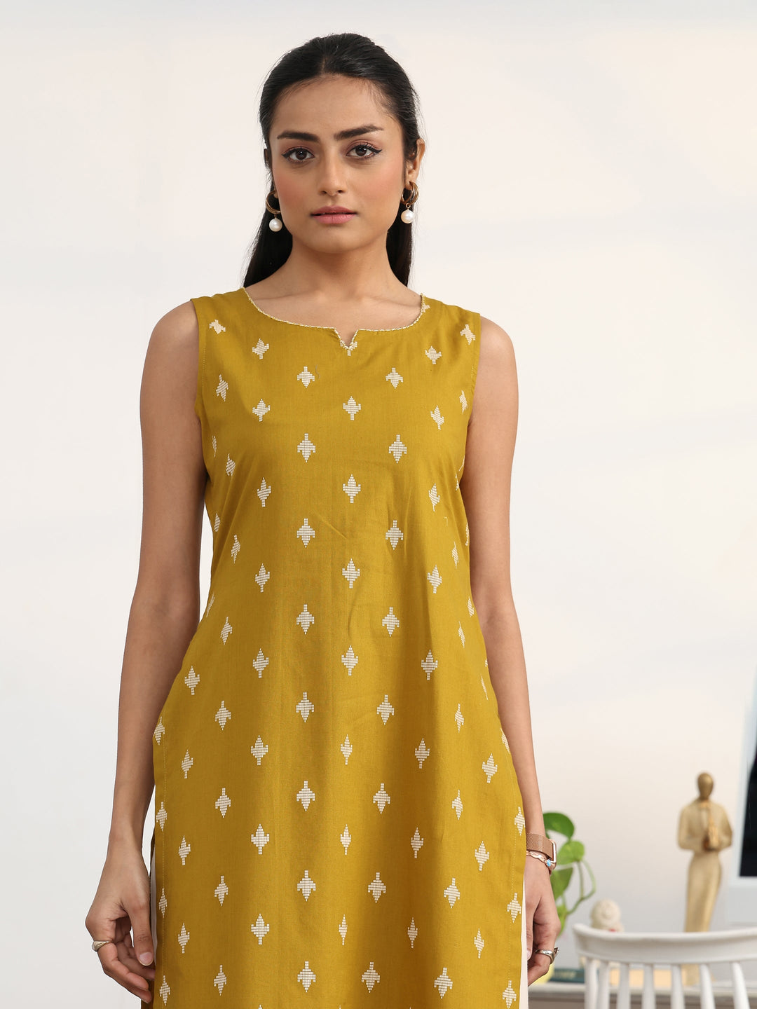  Mustard Ethnic Motifs Printed Cotton Blend Straight Suit Set With Dupatta 