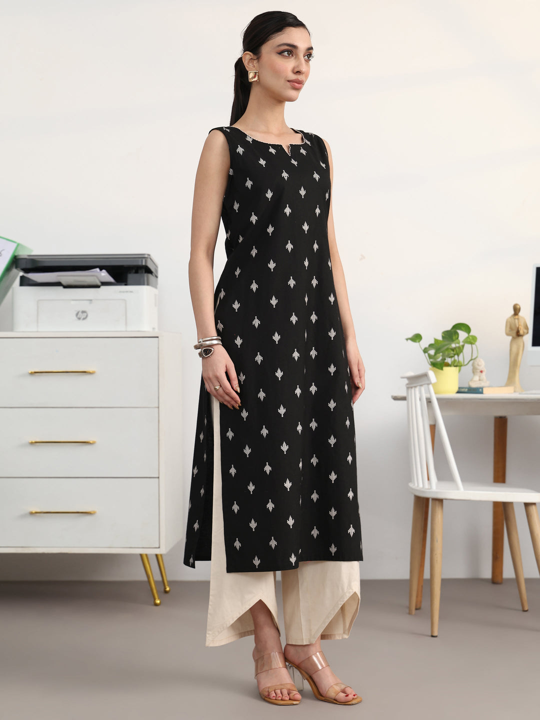  Black Ethnic Motifs Printed Cotton Blend Straight Suit Set With Dupatta 
