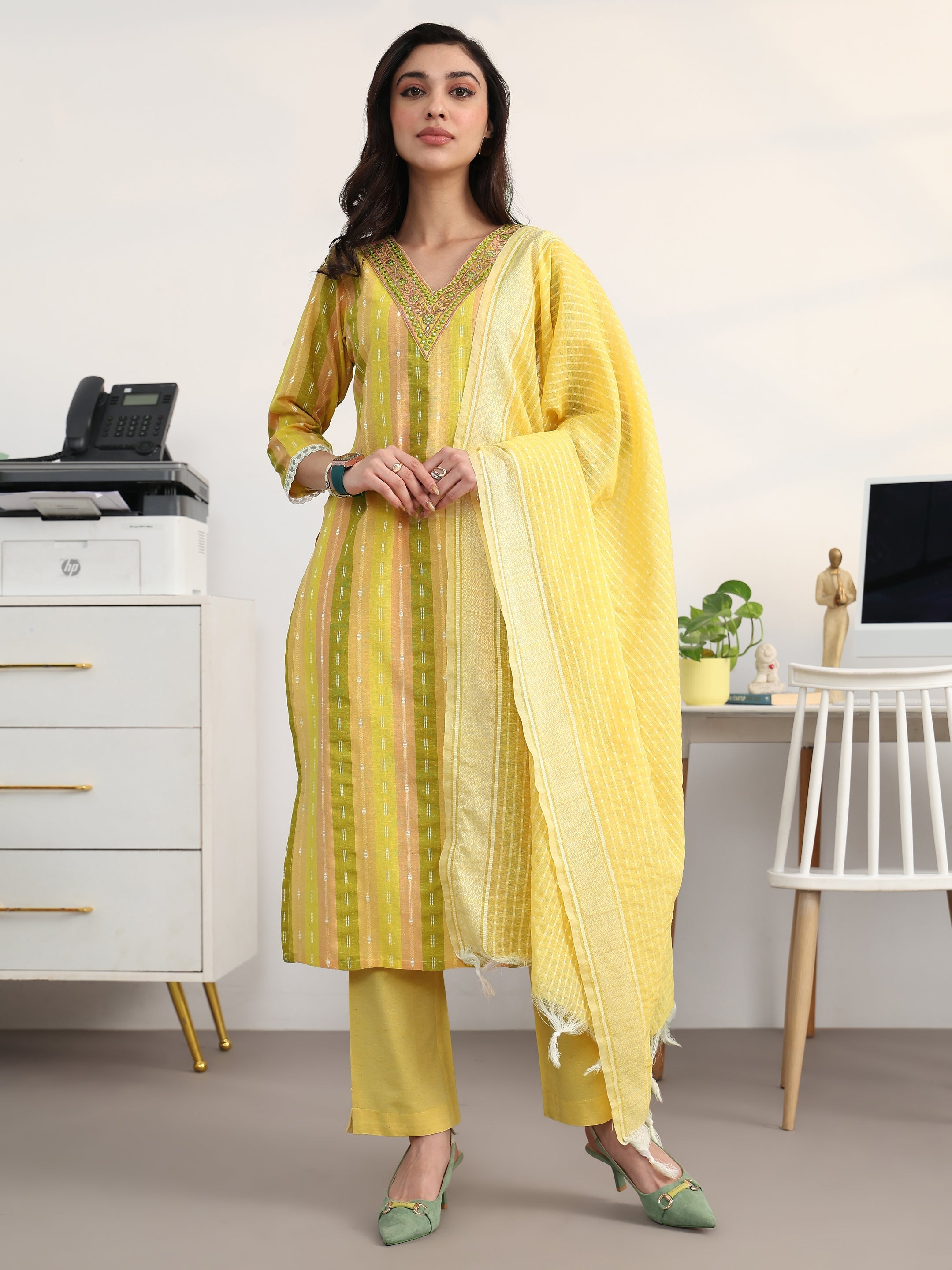 Multi Striped Woven Design Cotton Blend Straight Suit Set With Dupatta-image-32