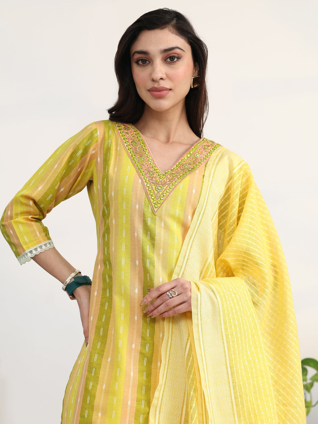  Multi Striped Woven Design Cotton Blend Straight Suit Set With Dupatta 