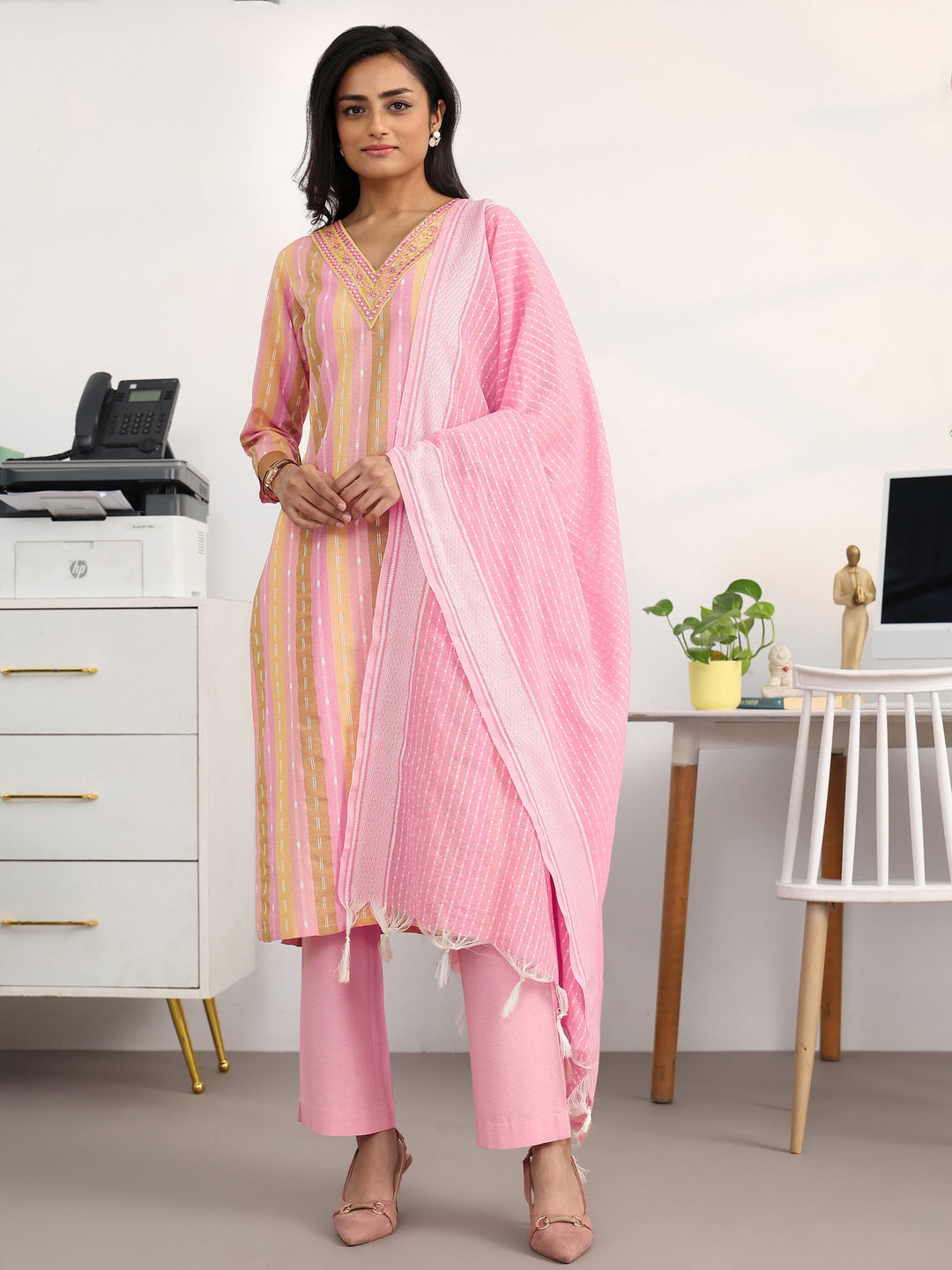  Multi Striped Woven Design Cotton Blend Straight Suit Set With Dupatta 
