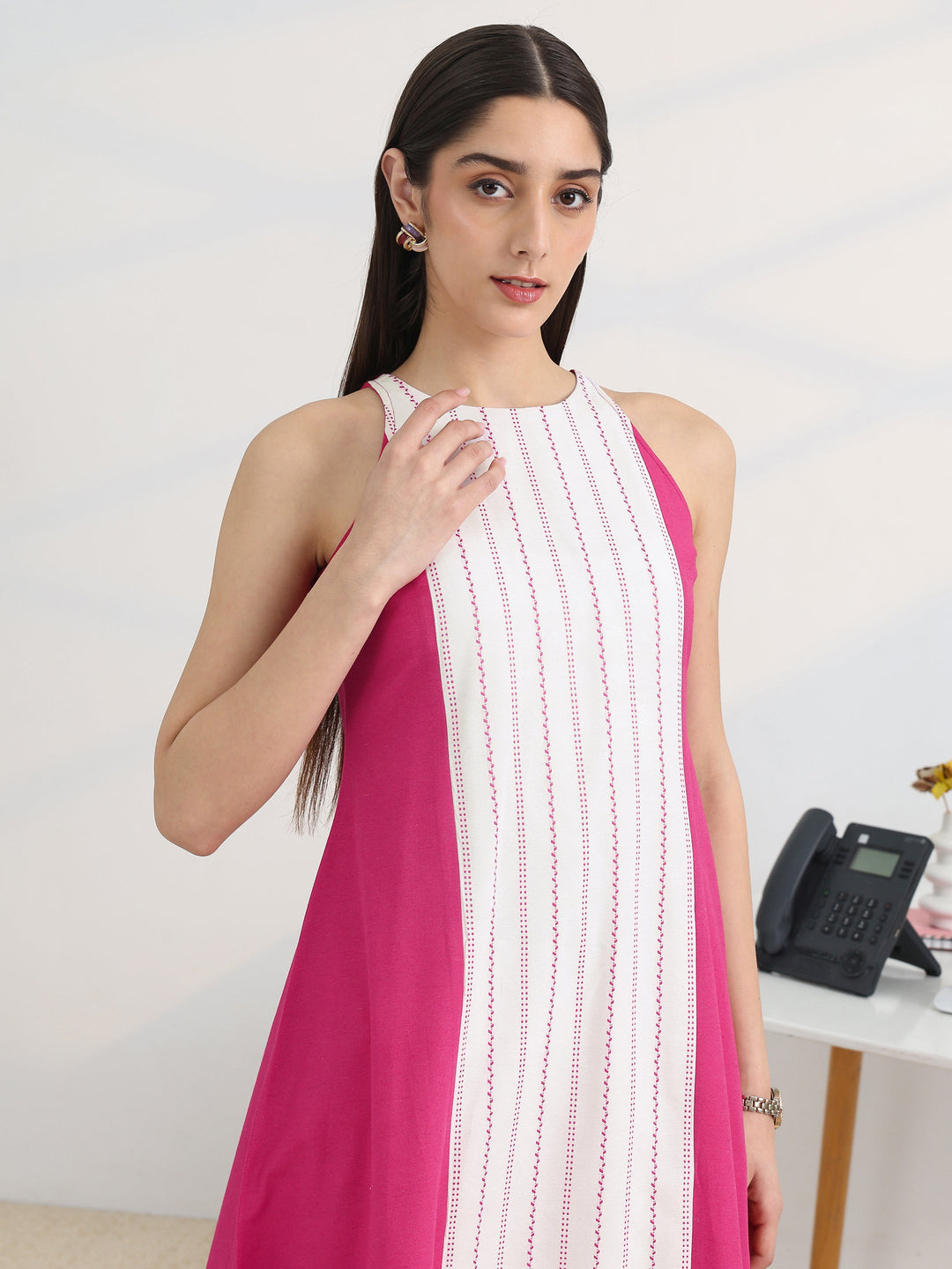  Pink Woven Design Cotton Blend A-Line Kurta Set 