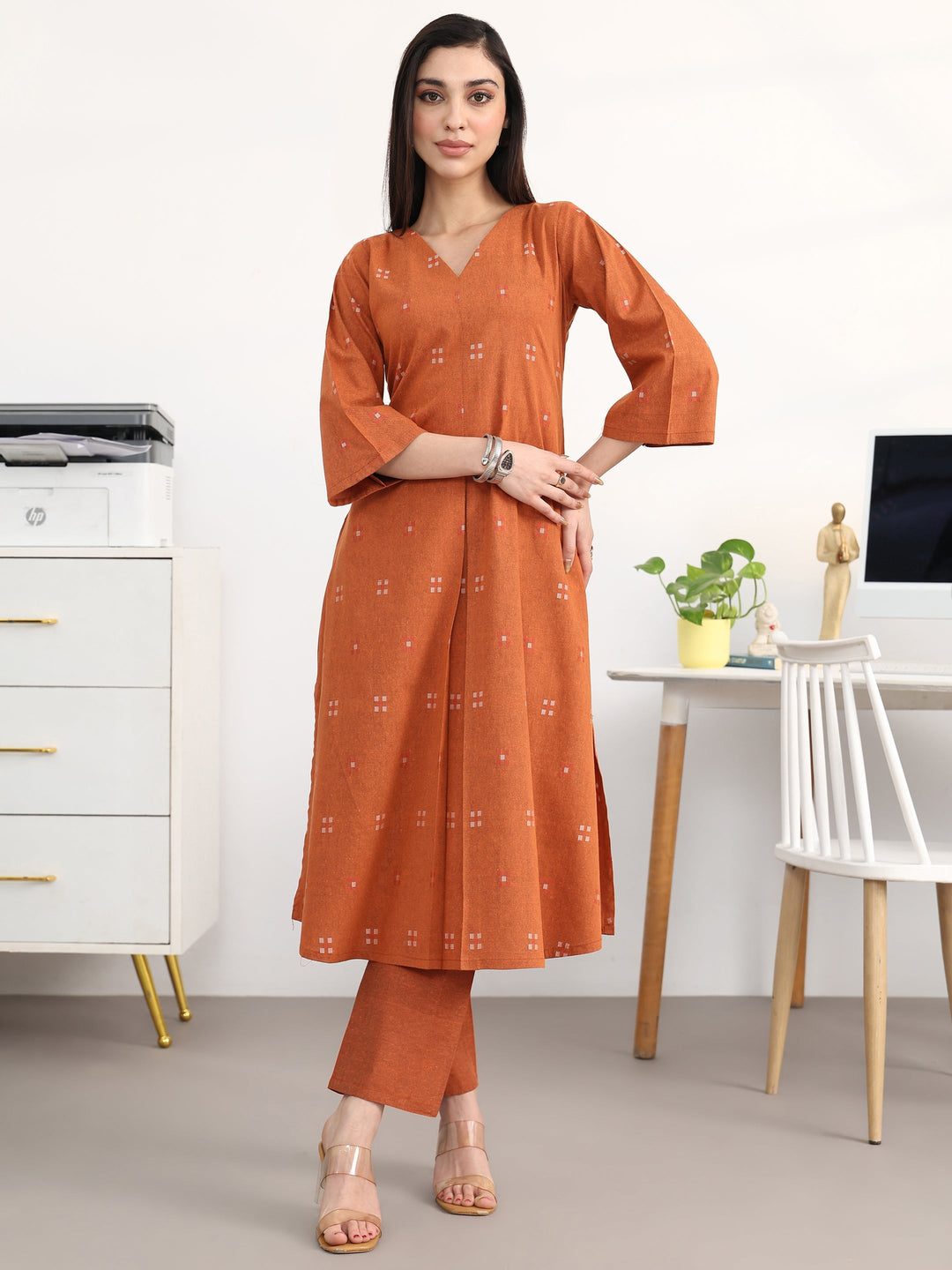  Rust Geometric Woven Design Cotton Blend A-Line Kurta Set 