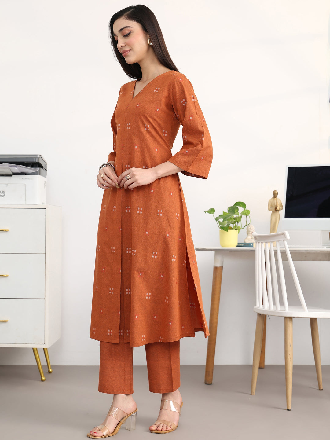  Rust Geometric Woven Design Cotton Blend A-Line Kurta Set 