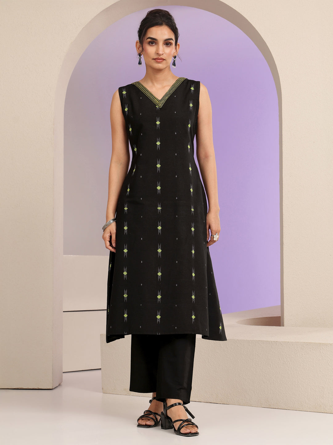  Black Woven Design Cotton Blend A-Line Kurta Set 