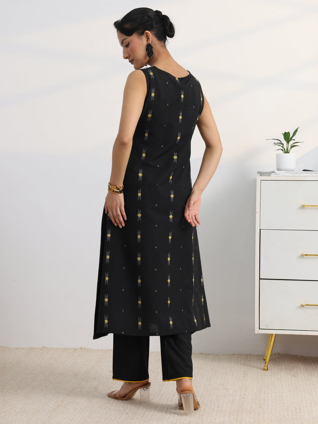  Black Woven Design Cotton Blend A-Line Kurta Set 